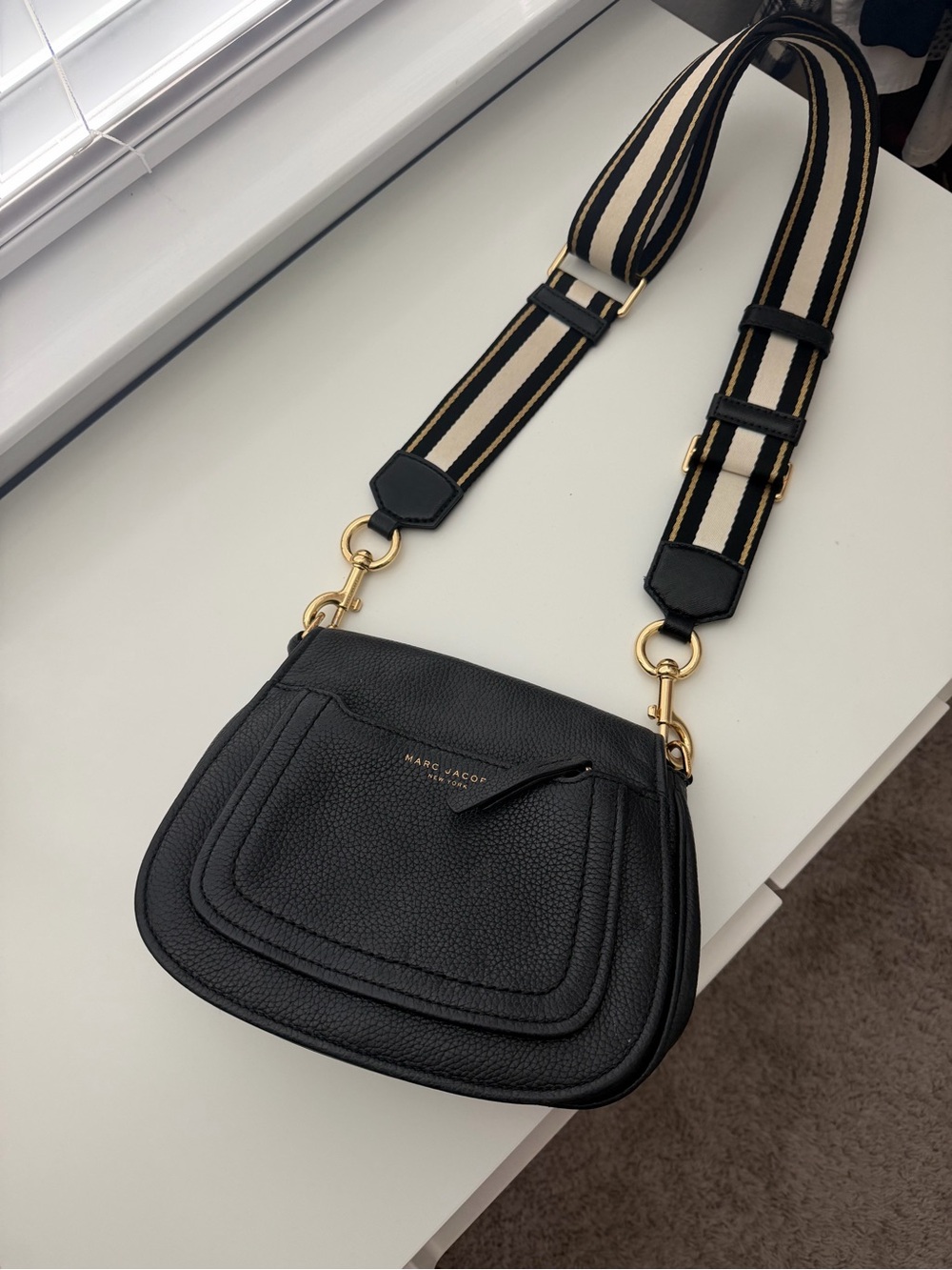 Marc Jacobs Black Pebbled Leather Crossbody with Striped Strap